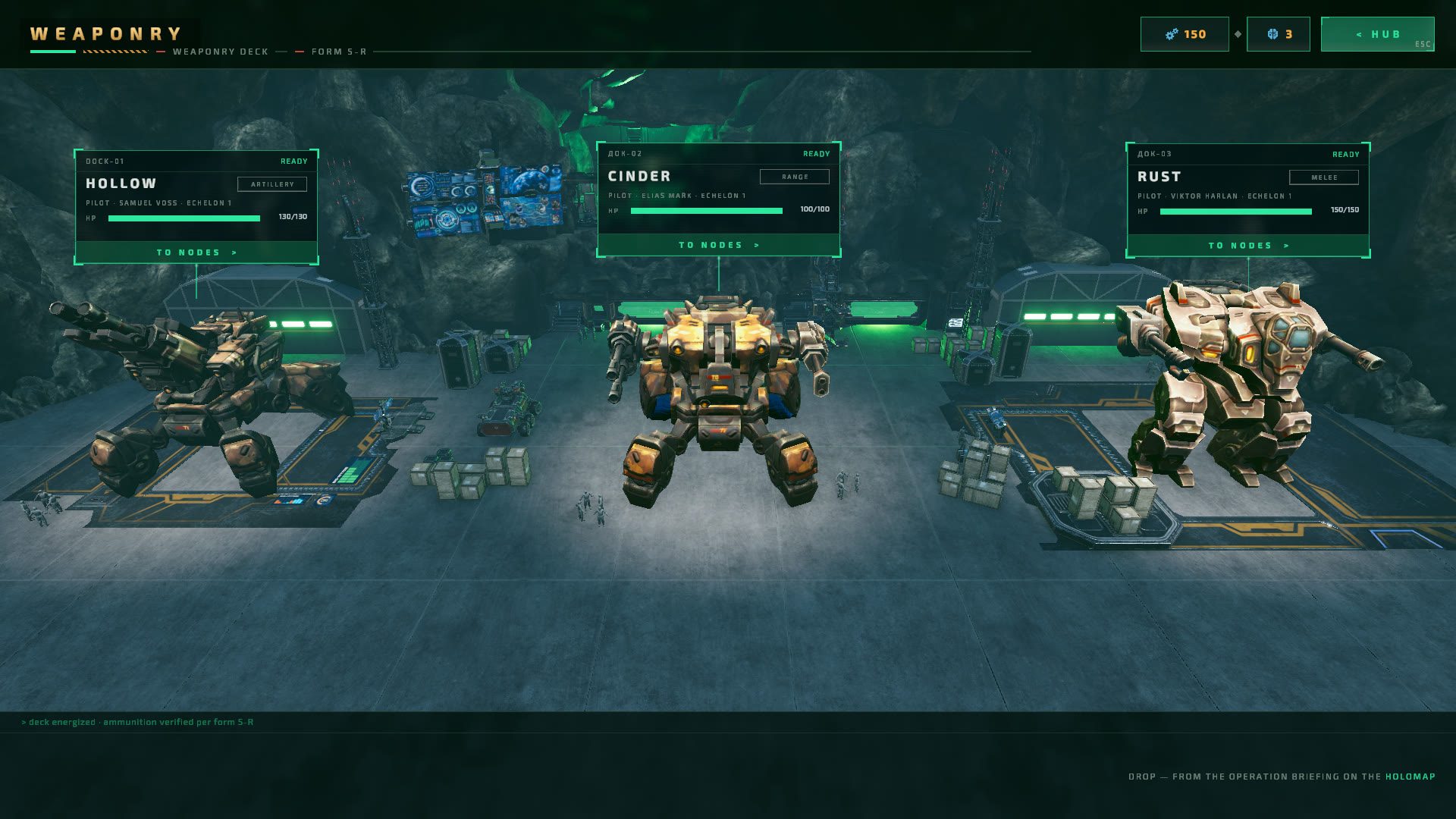 Exodus Core — three titan mechs in the hangar